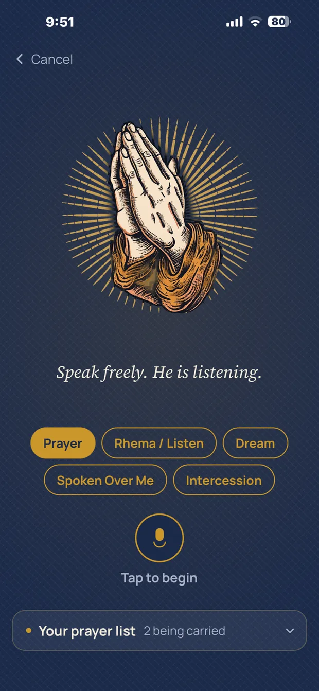 The record screen: praying hands, the line ‘Speak freely. He is listening.’, and the kinds of entry to choose from.