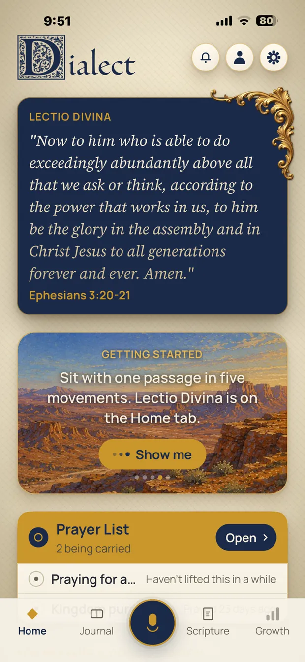 The Dialect home screen: a passage for Lectio Divina, a getting-started card, and the prayer list.