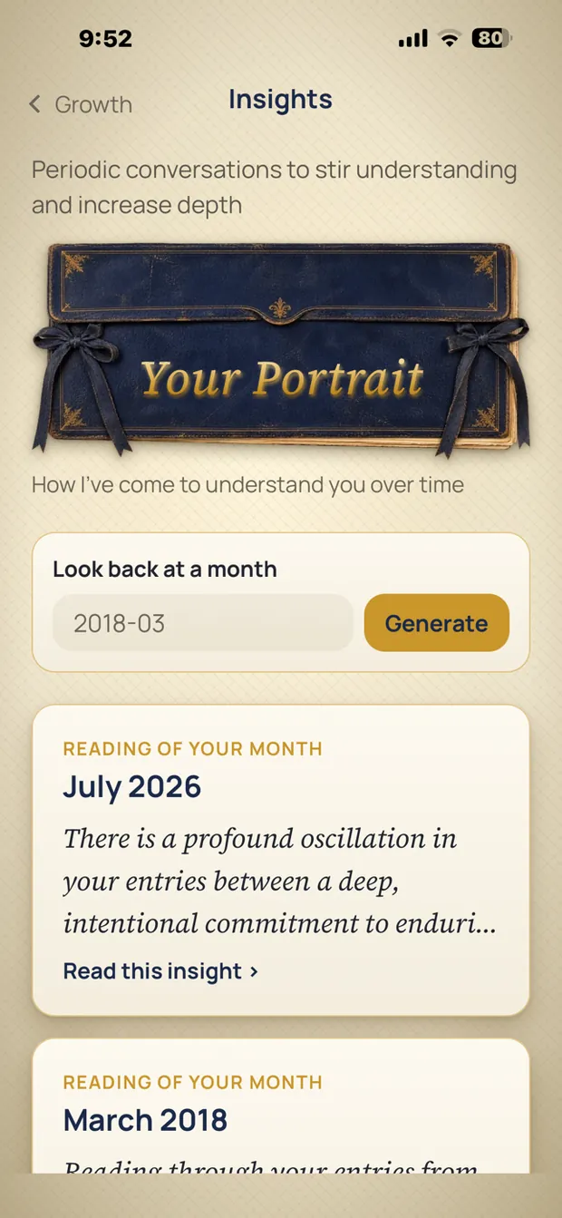 The Insights screen: Your Portrait, and readings of past months.